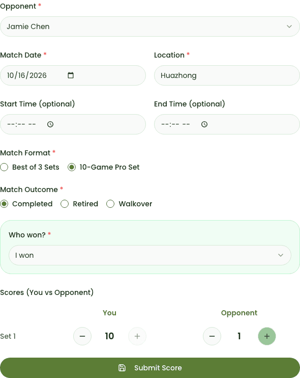 The English Report Score form with a fictional example match