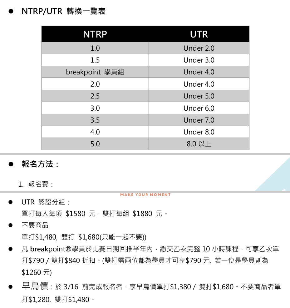 第 21 屆 breakpoint open 規程的 NTRP/UTR 對照表與報名費