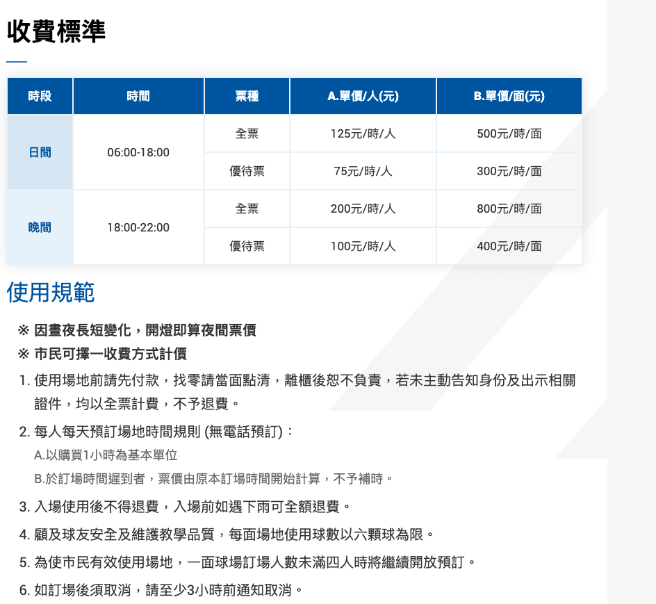 臺北網球場收費標準與使用規範（按人或按面計費、開燈算夜間價）