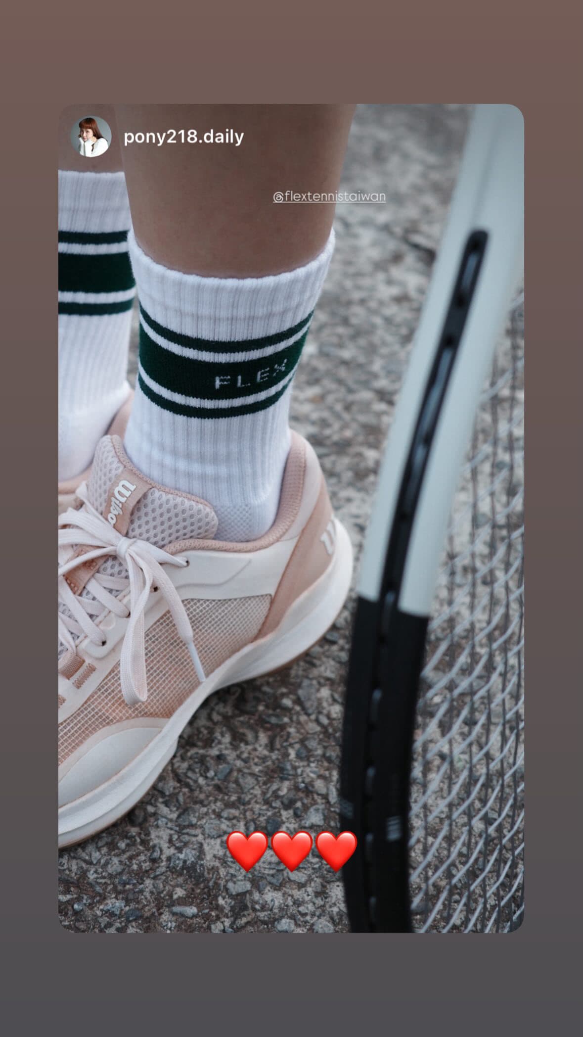 Player story with a close-up of Flex socks, tennis shoes and a racket, tagging the brand with hearts